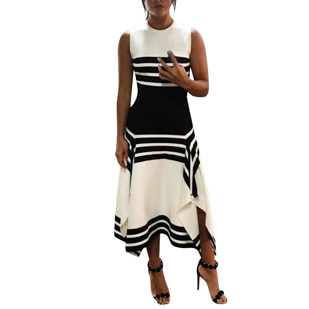 Womens Stripe Sleeveless Casual Dress Women Round Neck Midi Party Dresses
