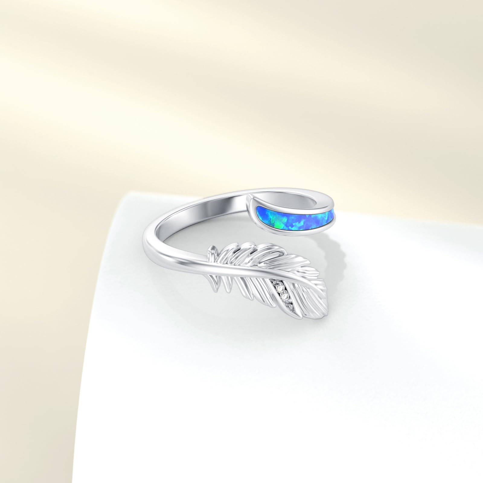 Feder Ring 925 Sterling Silber Opal Feder Ring Verstellbar für Damen Verstellbarer Ring Weihnachten Halloween Ostern Muttertag Valentinstag Geburtstag Schmuck Geschenke für Damen