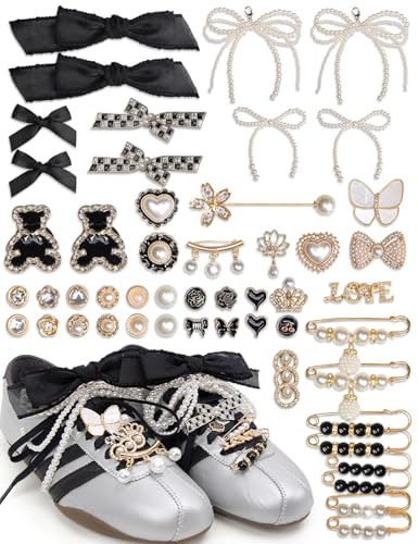 yuboo 51 PCS Shoe Charm for Sneakers, Junk Socks Charms Kit, Shoelace Charms Contain Pearl, Clips, Black Bows, Jewelry, Shoe Decoration Charms for Women Bag/Hat