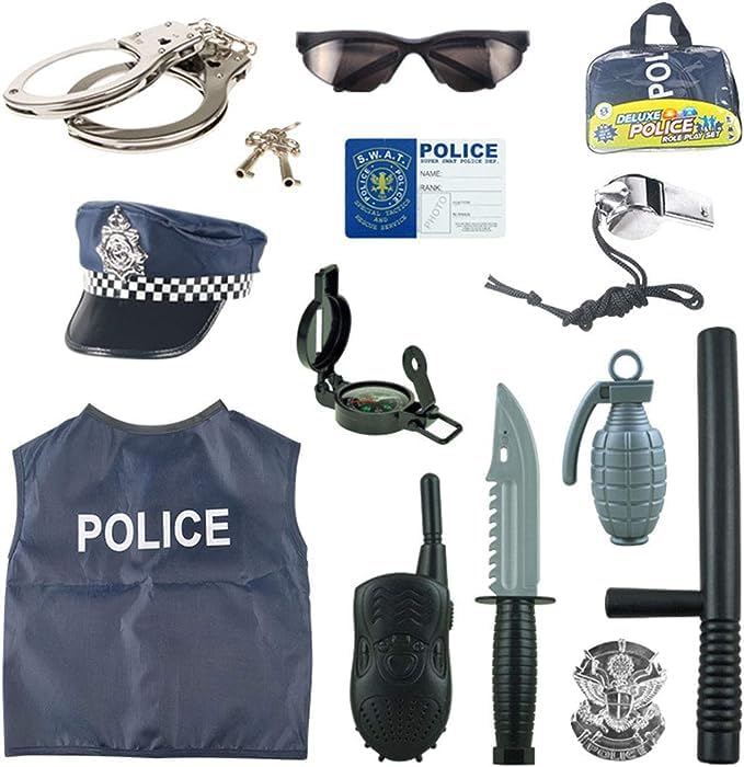 13 Pcs Police Costume for Kids with Toy Role Play Kit with Police Badge, Handcuffs, Kids Cop Toy Set, Great for Cop Costume, FBI, Detective, Swat, and Kids Dress-up Clothes