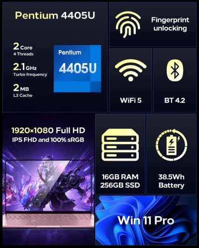 Image of 15.6 inch FHD IPS Laptop, Win 11 Pro, Pentium Processor (2.10 GHz), 16GB RAM, 256GB SSD (Expandable to 2TB), Backlit Keyboard, Fingerprint Reader, Ideal for Student & Business