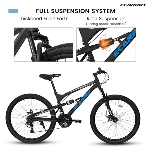 Image of Ecarpat 24 /26 Inch Mountain Bike, Full Suspension Mens Women Mountain Bike with 21 Speeds High-Carbon Steel Frame and Disc Brakes, Adult Sport Bicycle for Trail Snow Commuter City Road