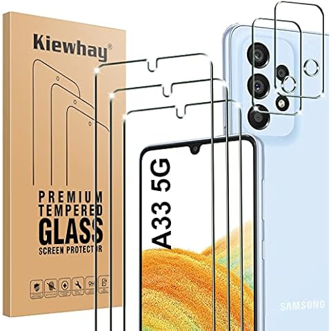 Kiewhay Tempered Glass Compatible with Samsung Galaxy A33 5G Screen Protector 6.4'', 3x Screen Protector + 2x Camera Lens Protector, [9H Hardness] [No Bubbles] 99.99% HD Tempered Glass Film - 5 Pcs Cover