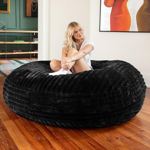 Image of Jaxx 6 Foot Cocoon - Large Bean Bag Chair for Adults, Premium Luxe Faux Fur - Mondo Black