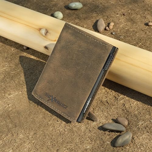 Image of The X Project Vaulton Trifold Wallet | Genuine Leather | Aluminium Cardholder | Side Slide Pop-Up Card Ejector | Carry Up to 6 Cards and 1 Slot for Carrying Cash & Folded Bills (Greenish Brown)
