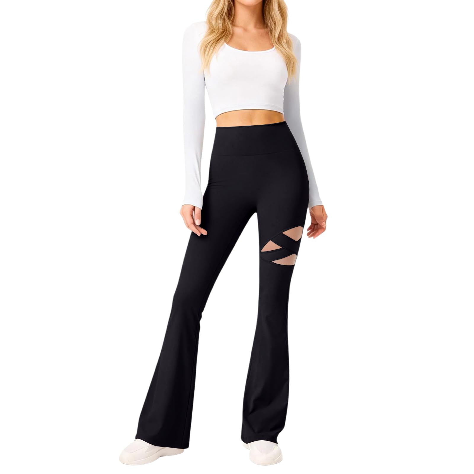 FUPODD Yogahose Damen Lang Flared Cut Out Schlaghose Leggings Damen High Waist Stretch Eng Jogginghose Gym Yoga Hosen Pilates Bauch Weg Sporthose Fitness Traininghose Mit Gummizug Jeggings Elegant