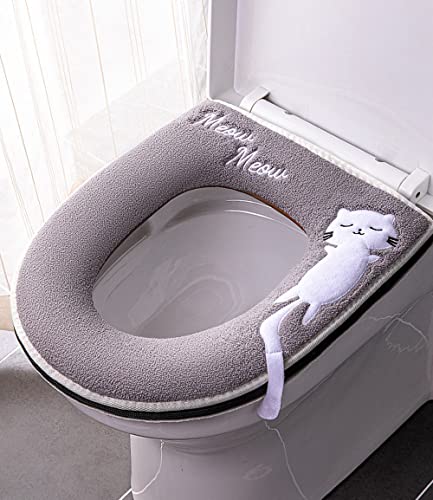 LVLUOKJ 2 Stück WC Sitzwärmer Kissen, Toilettensitzbezug Pads mit Griff und Reißverschluss, Universal Toilettensitzkissen Waschbar Wiederverwendbare, Warmes Badezimmer (Color : Gray)