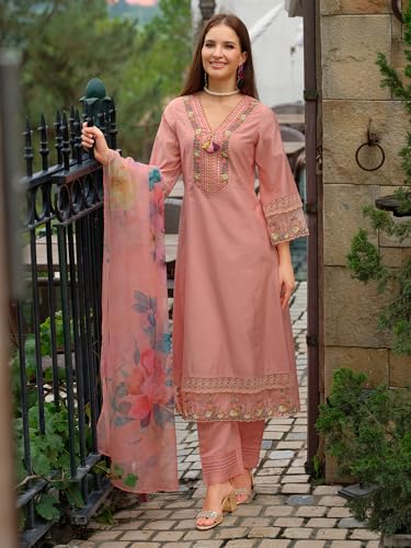 Image of INDO ERA Women's A-Line Cotton Blend Floral Embroidered Kurta & Pant With Dupatta Set (IEOUT11375)
