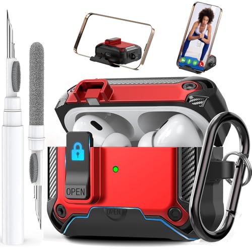 Image of Olytop for Airpods Pro 2 /1 Gen Case Cover with Lock&Phone Stand (2019 /2022 /2023), Rugged Case for Airpod Pro 2nd /1st Generation Shockproof Armor Protective Skin for Apple iPod Pro, Black /Red