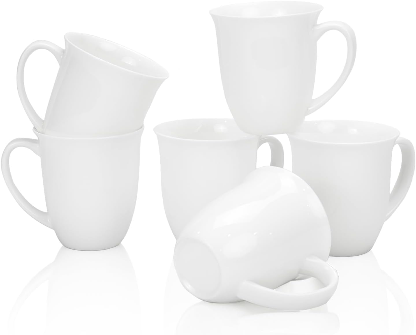 Fine Bone China Coffee Mugs Set of 6, 13 Oz White Tea Cups with Outwardly Tilted Rim, Wide Mouth Lightweight Ceramic Coffee Mugs, DIY Gifts for Coffee & Tea Lovers