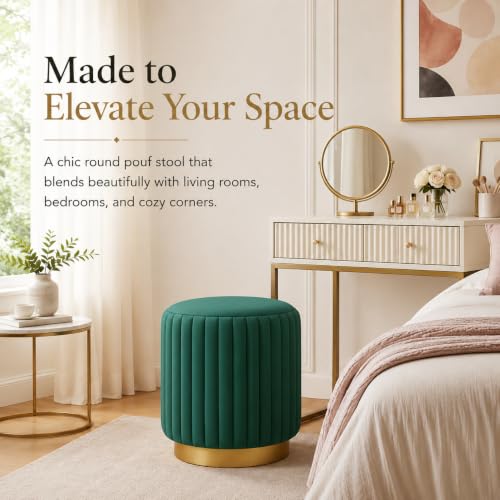 Image of Designer Velvet Round Footstool Ottoman with Sturdy Gold Metal Band Base for Home Decor & Extra Seating, Lightweight Pouf Stool for Sofa Side & Bedroom, 16x16x17 Inch (Seagreen)