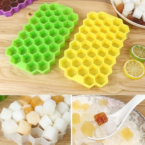 Image of 1'Pack Flexible Silicone Honeycomb 37 Cavity Ice Cube Tray for Freezer Moulds Small Cubes Whiskey Fridge Bar Soft Ice Cube Tray (with Silicone Lid) - Multicolor