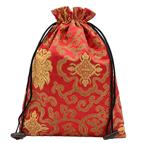 Etui na biżuterię w stylu vintage, Zestaw 2 wielokolorowych saszetek na biżuterię z jedwabiu, brokatu i sznurka 7,9 x 8,6–10,6 cala(Red)