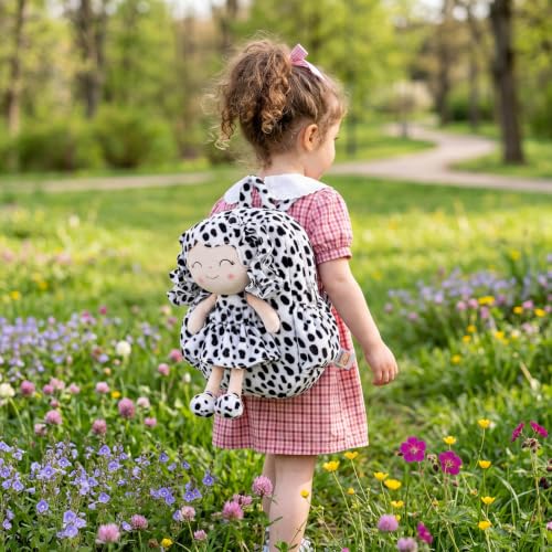 Image of Gloveleya Toddler Backpack Baby Girl Gifts Plush Curly Hair Doll Animal Edition Backpack - White with Black Spots 11''