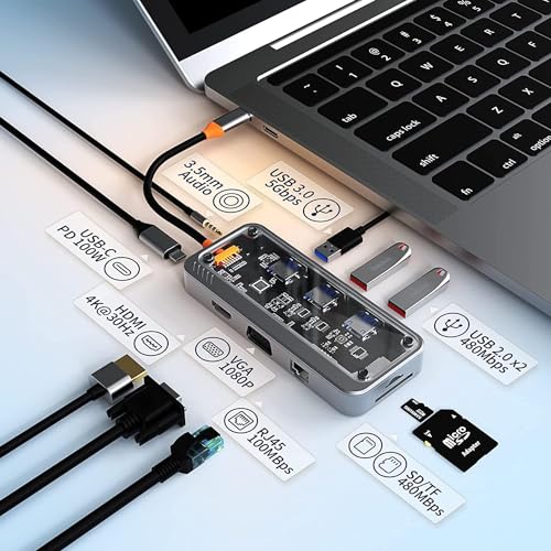Image of USB HUB USB C Hub 10 in 1 Type C Hub with Ethernet,4K USB C to HDMI,VGA,PD Power Delivery, 3 USB 3.0 Ports, USB C to 3.5mm, SD /TF Cards Reader for All Devices (USB C to 10 in 1 Transparent HUB)