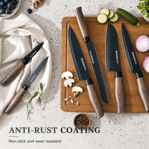 Image of Astercook Knife Set, 13-Piece Kitchen Knives Set with 6 Blade Guards, Black Anti-Rust & Non-Stick Coating, Dishwasher Safe Stainless Steel Knives, Ergonomic Handle, Perfect for Holiday Gifts