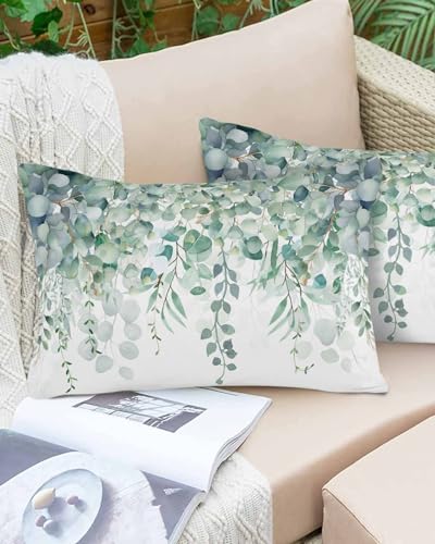 Boanket Lumbar Pillow Covers 12 x 20 in, Teal Eucalyptus Waterproof Throw Pillow Cover Set of 2, Spring Floral Summer Botanical Home Decorative Rectangle Cushion Covers for Patio/Tent/Couch/Garden
