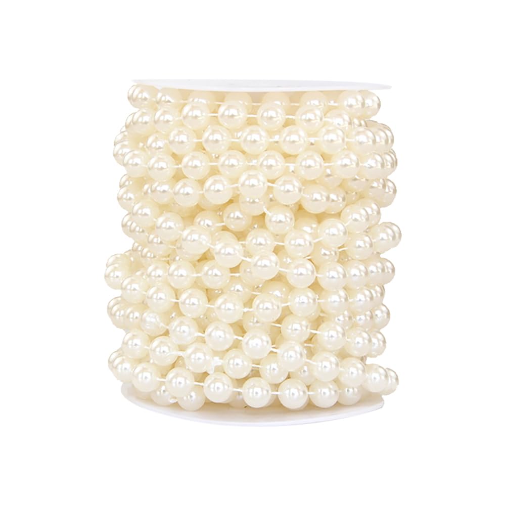 HugeDE 10mm Faux Pearl Bead Garland Roll Strand Small Pearl String Chain Roll Craft Bead Spool for Decoration Beige