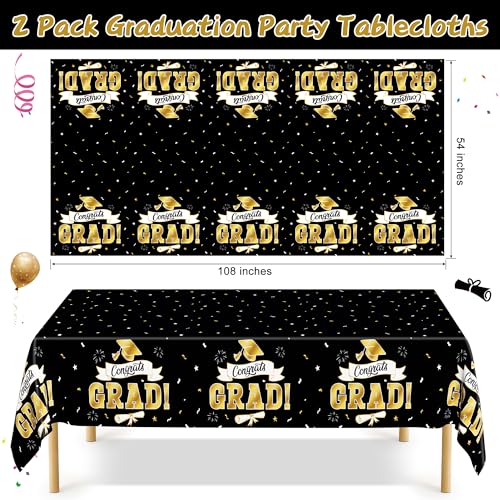 Image of 2Pack Graduation Decorations 2026, 108 inch X 54 inch Graduation Tablecover, Blackgold Rectangle Class of 2026 Table Cloths, Disposable Plastic Congrats Grad Tablecover for Grad Party Favors Supplies for Kids