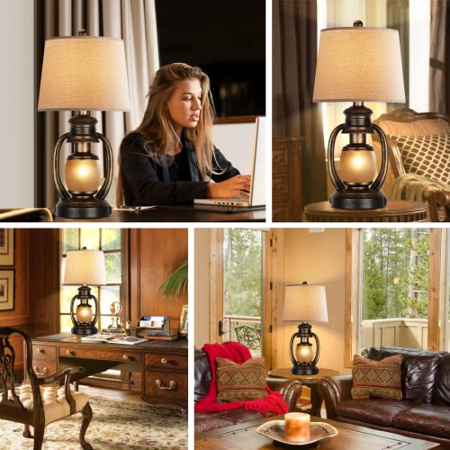 Hamucd Rustic Table Lamps For Living Room Single Lantern Bedside Lamps With Oatmeal Tapered Drum Shades For End Table Bedroom Nightstand Hotel With 2 Usb Ports And One Ac Outlet #TOP1