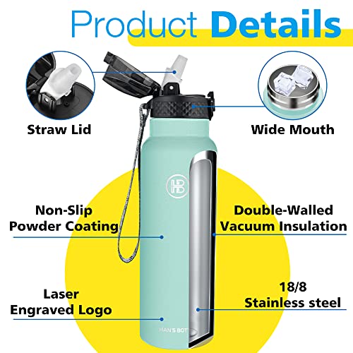 Han's Bottle Sports Water Bottle - 24 Oz, Straw Lid, Leak Proof, Vacuum Insulated Stainless Steel, Double Walled, Thermo Mug,Sky #TOP4