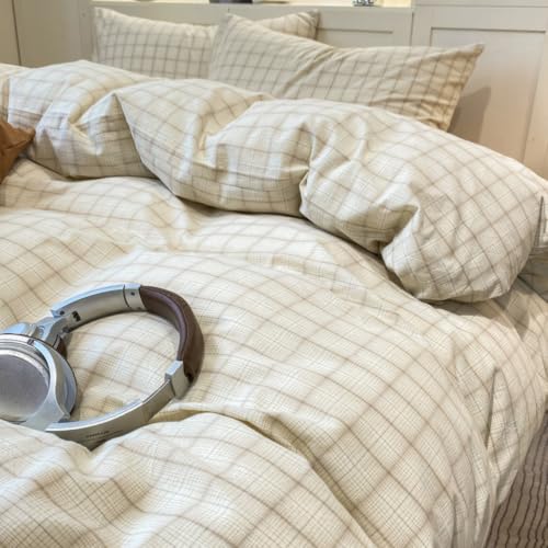 Image of PinkMemory Beige Gingham Duvet Cover Bedding Queen 100% Washed Cotton Vintage Plaid Duvet Cover Set Full 3pcs Checkered Grid Bedding Set with Zipper Closure Corner Ties,Soft Breathable