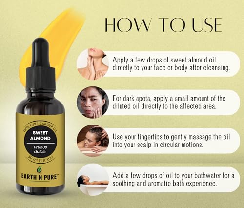 Image of Earth N Pure Sweet Almond Oil (Badam Oil) Cold Pressed, Therapeutic Grade for Body, Skin, Hair 30 ml