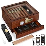 Tesonway Cigar Humidor, Cedar Wood Humidor Cigar Box, Glass Top Desktop Humidor with Front Hygrometer, Humidifier, Divider, Accessories Drawer and Combination Lock, Cigar Gifts for Men (Brown)