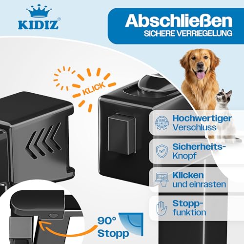 KIDIZ Absperrgitter zum Klemmen mit Katzenklappe, Türschutzgitter, Autoclose Kinder Treppengitter ohne Bohren | 90° Stopp Schutz, schwenkbar, Treppenschutzgitter, Schwarz, Breite: 81-87 cm
