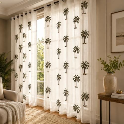 Image of LINENWALAS Cotton Linen Printed Sheer Curtain Set of 2 Panels with Eyelet Hanging, Palm Tree Printed Window Curtains Non Blackout Light Filtering Curtains (5 Feet, White Palm Tree)