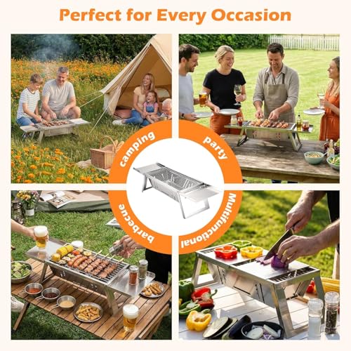 Image of Barbeque Grill Set for Home,Foldable and Portable Charcoal Barbeque Grill Set,Grill Chicken Maker for Home,Includes Grill, Bag, Gloves,Mini Tabletop BBQ Grill with Stainless Steel Body,Silver