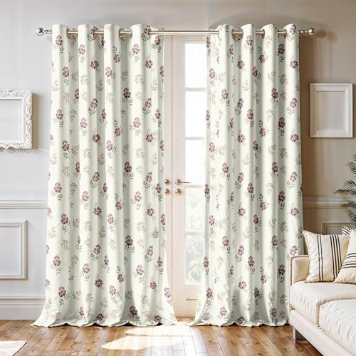 Image of Ultimate Trends Room Darkening Digital Printed Floral Geomatrical Prints Curtain 65-70% Opacity,Diamond Eyelets, Tie Back, Floral Geomatrical, 6 FEET Pack of 2,Off-White with Mauve