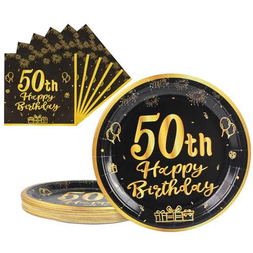 LDFDRT 50th Paper Party Plates And Napkins 50pcs 9 Black Birthday Party Dessert Tableware Happy Birthday Decorations Party Supplies