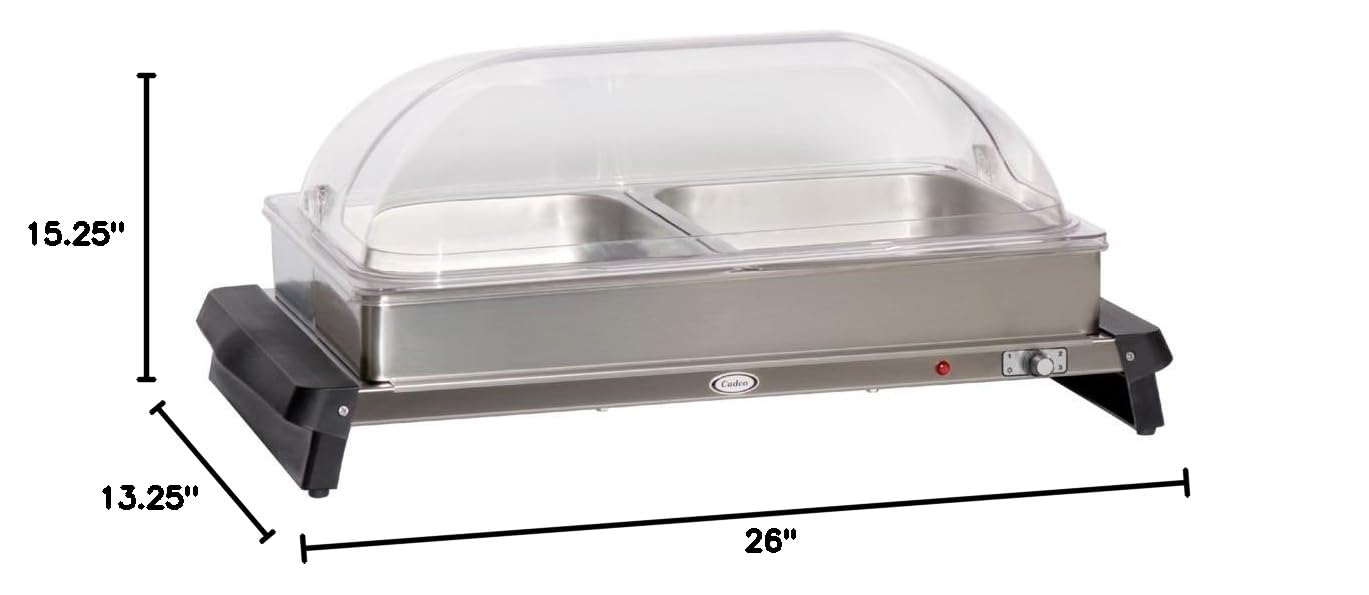 Cadco WTBS-2RT 20.5" x 14" Countertop Buffet Rolltop Lid Warmer with 2 Pan Steam Capacity, Stainless Steel, 120v, 25 lbs, Cool-Touch Handles, for Commercial Use