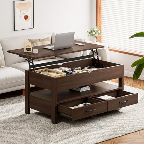 IKIFLY ローテーブル 昇降式 木製 コーヒーテーブル 引き出し付き 収納付き センターテーブル 大容量収納リビングテーブル 高さ調整リフティングローテーブル 簡単開閉 ホンムオフィステーブル リビングルーム オフィス用 在宅勤務 食事一人暮らし 幅90×奥行45×高さ46-59cm (ブラウン)