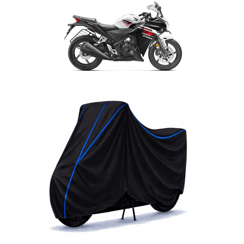 Image of 250 BS6 Bike Cover Water Resistant Universal Motorcycle Rain | Heavy Duty UV Protection, Dust, Scratch Indoor Outdoor All Weather with Black Blue Piping Elastic