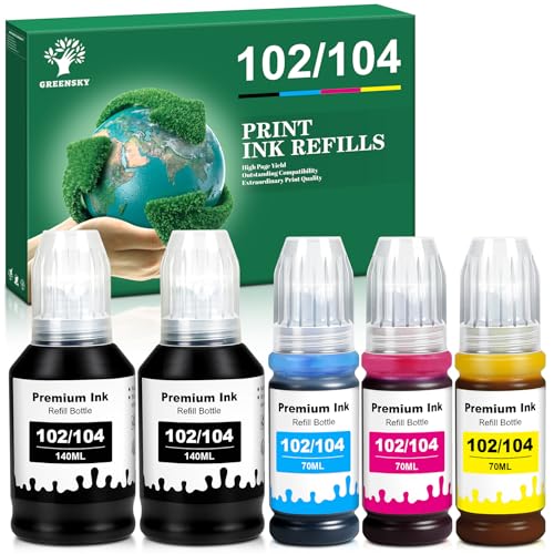 GREENSKY 102 104 Tinta Colorante Compatibles con Epson 102 y 104 Multipack para Epson EcoTank ET-2850 ET-2870 ET-2876 ET-2862 ET-2814 ET-2700 ET-2710 ET-2720 ET-2714 ET-2726 ET-3850 ET-4850 (5P)