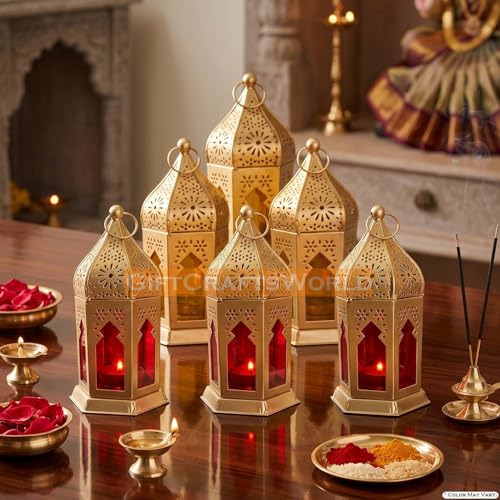Image of Moroccan Lanterns & Candle Holders for Home Decor - Unique Diwali & Christmas Gifts (Red - Yellow, Set of 6)