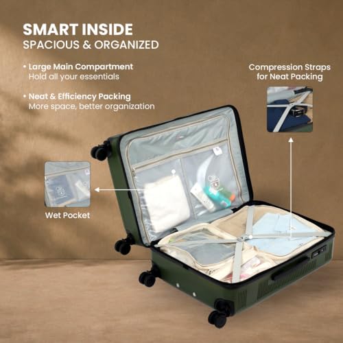 Image of SWISS MILITARY Pascal Hard Trolley Luggage Set of 2 (Medium 68cm + Large 79cm) PC Suitcases Anti-Theft Zippers with 3-Dial Combination Lock, 360 Spinner Wheel, Wet Pocket & Aluminium Handle Olive