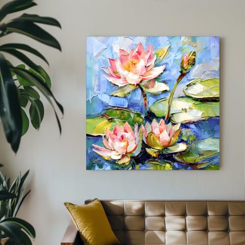 Image of PAINTINGMANTRA Lotus Flower Canvas Wall Art Painting for wall decoration, Lotus Flower Pond Floral Stretched Canvas for Living Room, bedroom, Home and Office, 22x22 Inch