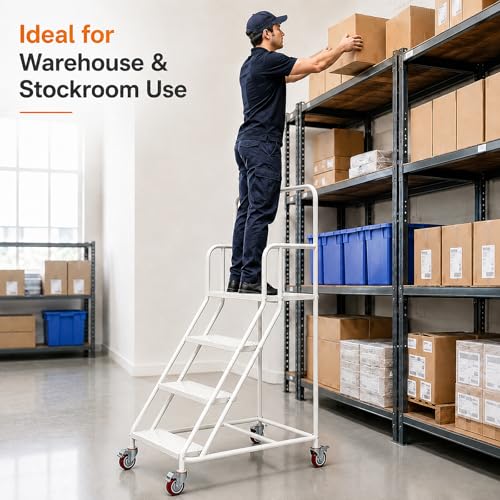 Image of 4 Step Rolling Ladder with Handrails, 880 lbs Capacity Heavy Duty Steel Mobile Warehouse Ladder with Locking Wheels, Non-Slip Rolling Stairs with Large Platform for Garage, Stockroom, Library