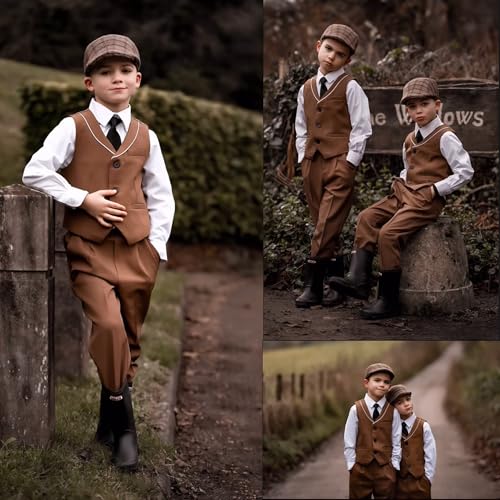 Image of LOLANTA 4Pcs Boys Formal Suit, Kids Tuxedo Vest for Wedding Birthday Party Dress Suits with Shirt and Tie for 3-13 Years