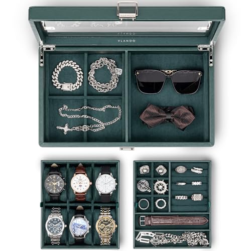 Vlando 6スロット 腕時計ケース PU製 ロック可能 男性 収納ボックス アクセサリーケース ウォッチボックス 取り外し可能な仕切り リング ブレスレット メガネ ガラス蓋 誕生日プレゼント（グリーン）
