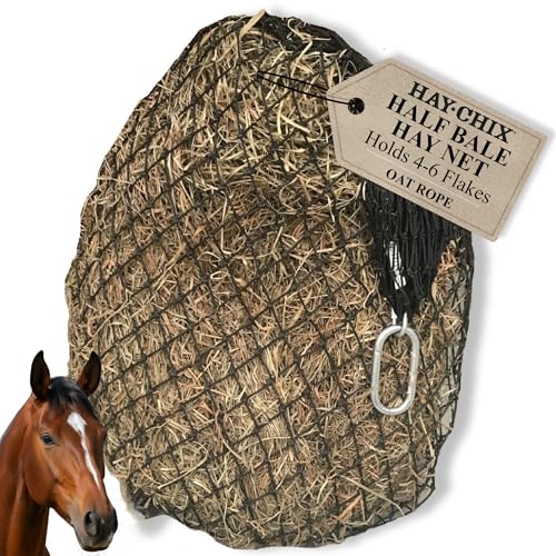 Hay Chix Hay Net for Horses | Slow Feed Hay Bag Feeder | Marine-Grade UV Treated Nylon | Holds 4-6 Flakes | Half Bale Net | 1 3/4' Holes | Oat Rope Color