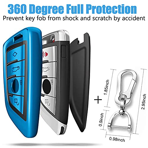 Image of QBUC for BMW Key Fob Cover with Leather Keychain, Blue | for BMW 2 5 6 7 Series X1 X2 X3 X5 X6 X7 Premium Soft TPU Key Fob Holder