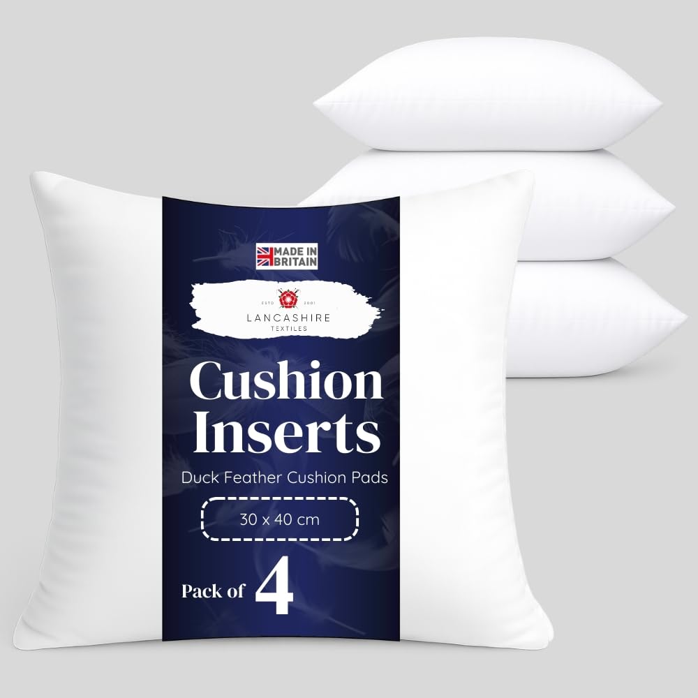 Lancashire Textiles 4 Pack Cushion Pads Generously Filled With Ethically Sourced Duck Feathers Encased In Pure Cambric Cotton Cover – Pack Of 4 30” X 30” (75Cm X 75Cm)