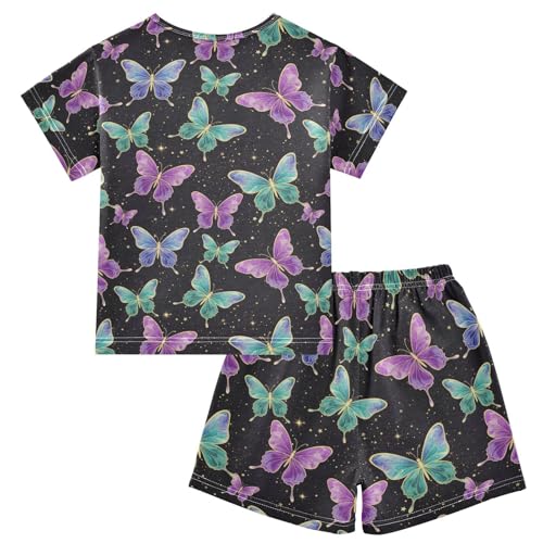 Pajama Short Sets Butterfly Pattern Black Background Soft Cotton Summer Sleepwear 2 Piece PJS Size 5-14T2
