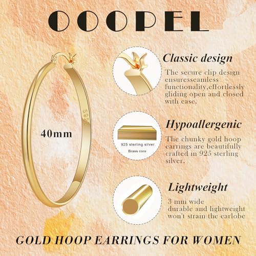 OOOPEL 3mm Wide Large Gold/Silver Hoop Earrings Sterling Silver Hoop Earrings For Women Big Gold Hoops Hypoallergenic 925 Sterling Sliver Earrings Hoops 30/40/50/60mm3