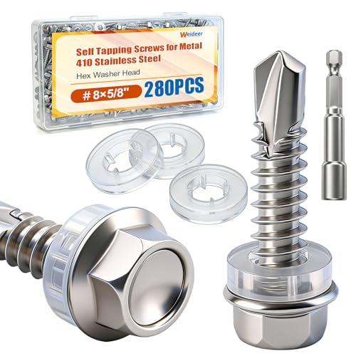 weideer 280pcs ＃8×5/8" Self Tapping Screws for Metal,410 Stainless Steel,Metal Screws Self Tapping, Hex Washer Head Quick Tapping Self Drilling Sheet Metal Screw with Washer K-157-W-16mm