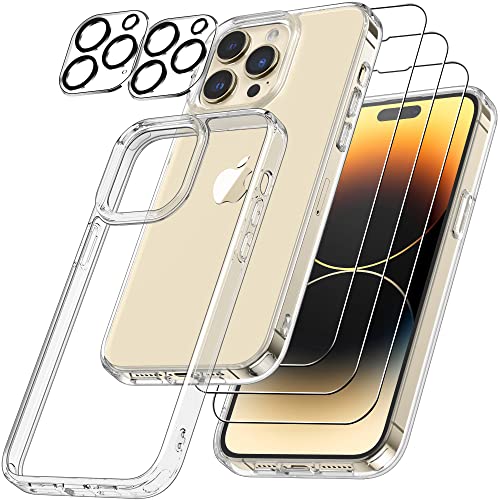 Emetok [6 in 1 für iPhone 14 Pro Max Hülle [Anti-Vergilbung] and Schutzglas Set, 1x iPhone 14 Pro Max Schutzhülle mit 3 x Displaychutzfolie und 2 x Kamera Schutzfolie für iPhone 14 Pro, durchsitig Cover